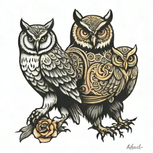 owl and bear walking tattoo design idea