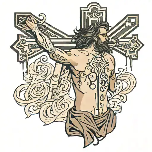  Tattoo on the back with Christ on the cross shedding tears of blood, and the phrase below: dying like a man is the priz tattoo design idea