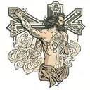  Tattoo on the back with Christ on the cross shedding tears of blood, and the phrase below: dying like a man is the priz tattoo design idea