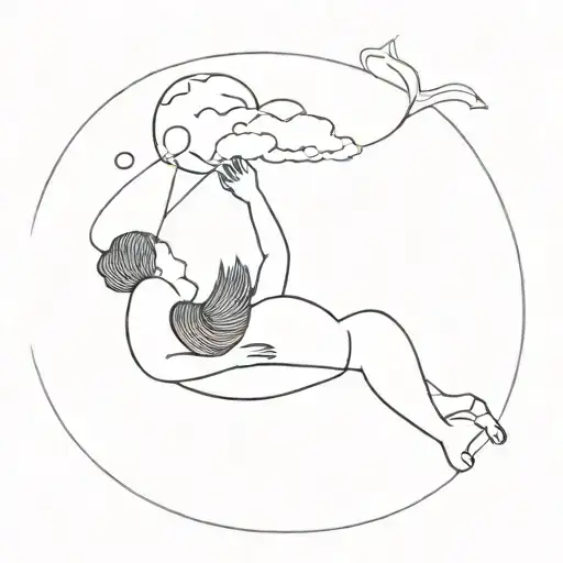 sillouete of a woman diving into a brain in a minimalist black and white fine line drawn illustration tattoo design idea
