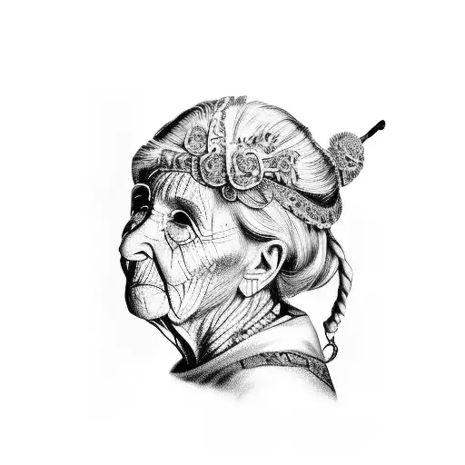 an elderly woman from the Roman Ciociaria dressed in traditional clothes and with, full picture tattoo design idea