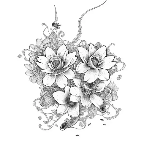 jasmin bouquet with koi fish and Tanya name tattoo design idea