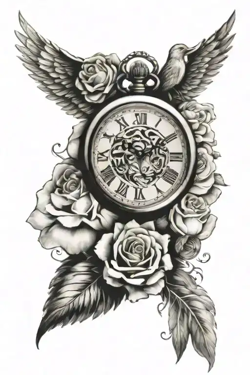 roses tiger wings crown pocket watch sun birds clouds cross trees  tattoo design idea