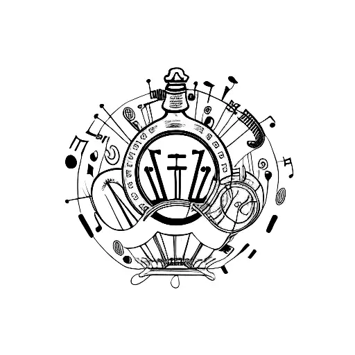 A minimalistic tattoo of a corona bottle surrounded by musical instruments tattoo design idea