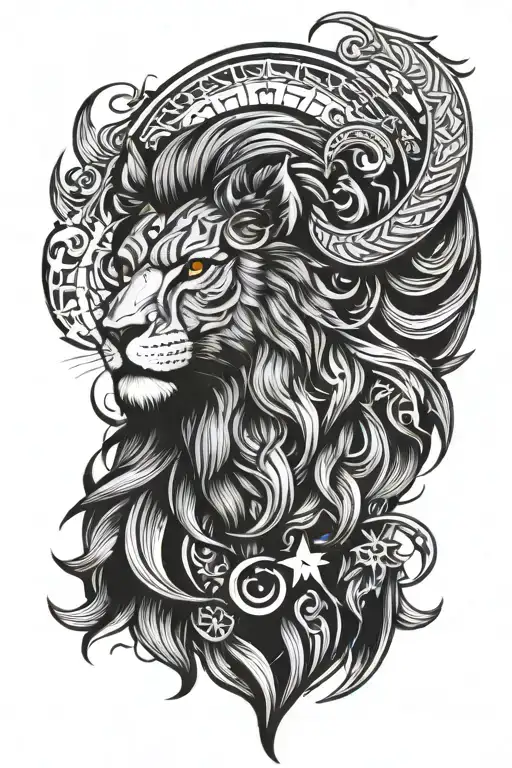 Full arm tattoo for men that has a lion, a wolf, an owl, that has Viking things tattoo design idea