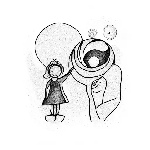 A mother and daughter holding hands with the universe swirling around them tattoo design idea