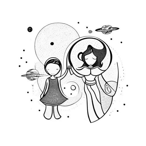 A mother and daughter holding hands with the universe swirling around them tattoo design idea