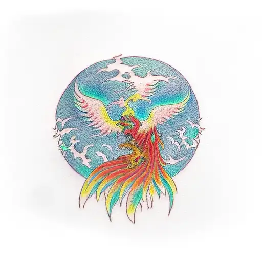 phoenix rising from ashes. two willow trees below the phoenix tattoo design idea