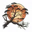 leafless trees, lake and full moon shining tattoo design idea