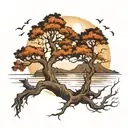 leafless trees, lake and full moon shining tattoo design idea