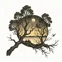 leafless trees, lake and full moon shining tattoo design idea