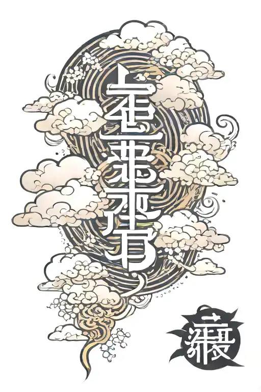 若さを保ちます written vertically with Japanese clouds behind it tattoo design idea