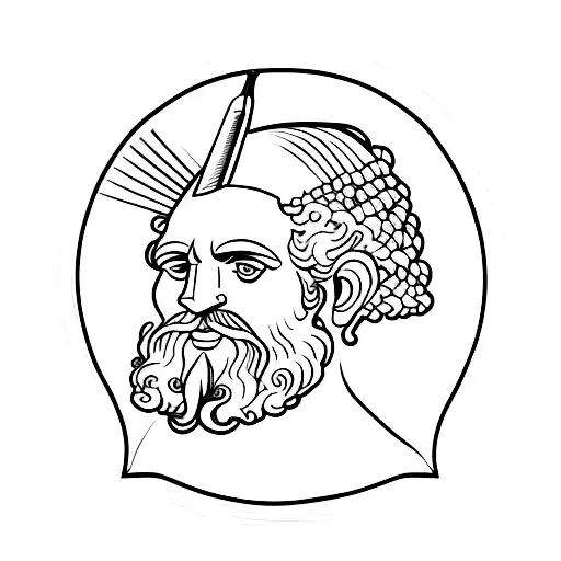 Odysseus with head lifted high and mountains tattoo design idea