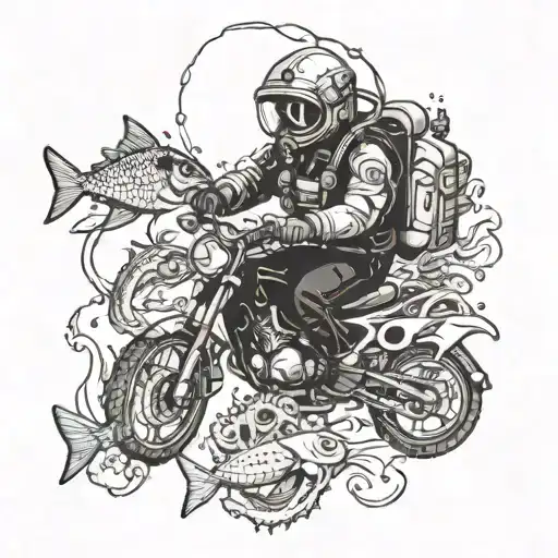 A marine biologist diving with a motorcycle helmet and marine creatures tattoo design idea
