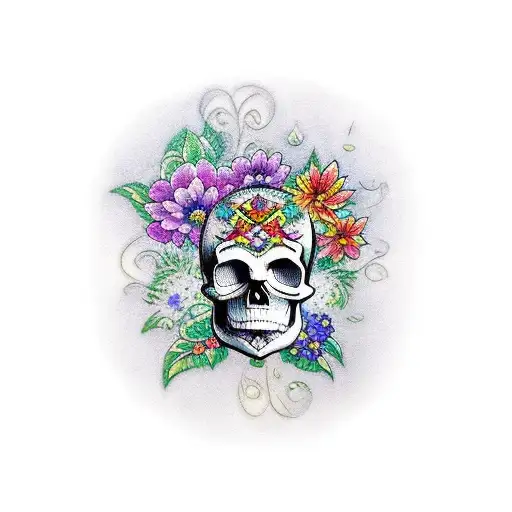 A traditional tattoo featuring a skull adorned with colorful flowers, symbolizing the beauty of life and the cycle of nature. tattoo design idea