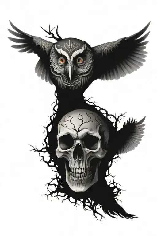 skull, owl, forest, family tattoo design idea