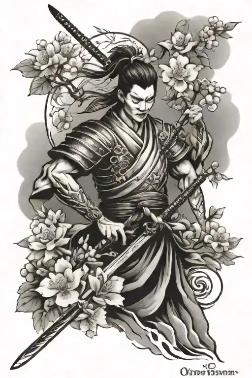 vietnam, samurai, geisha, cherry blossoms and sword tattoo design idea