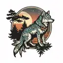Wolf with pine trees colors sunset tattoo design idea