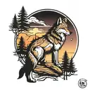 Wolf with pine trees colors sunset tattoo design idea