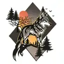 Wolf with pine trees colors sunset tattoo design idea