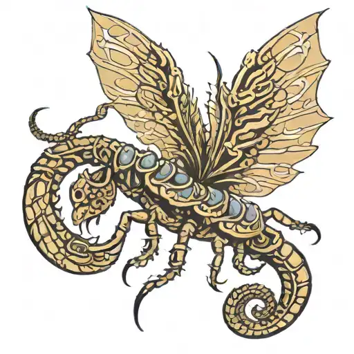  Winged scorpion with mystical details, such as glowing eyes and a tail that spirals, ending in a luminous stinger.  tattoo design idea