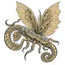  Winged scorpion with mystical details, such as glowing eyes and a tail that spirals, ending in a luminous stinger.  tattoo design idea