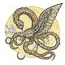  Winged scorpion with mystical details, such as glowing eyes and a tail that spirals, ending in a luminous stinger.  tattoo design idea