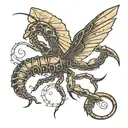  Winged scorpion with mystical details, such as glowing eyes and a tail that spirals, ending in a luminous stinger.  tattoo design idea