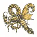  Winged scorpion with mystical details, such as glowing eyes and a tail that spirals, ending in a luminous stinger.  tattoo design idea