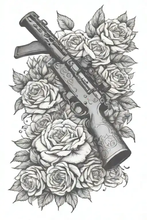 A sketch-style illustration of a rifle surrounded by a bed of roses, reflecting the idea of finding peace and beauty in the midst of chaos tattoo design idea