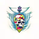 A traditional tattoo of a canary perched on a skull with a gaming dice in its beak tattoo design idea