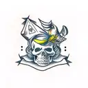 A traditional tattoo of a canary perched on a skull with a gaming dice in its beak tattoo design idea
