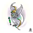 A traditional tattoo of a canary perched on a skull with a gaming dice in its beak tattoo design idea