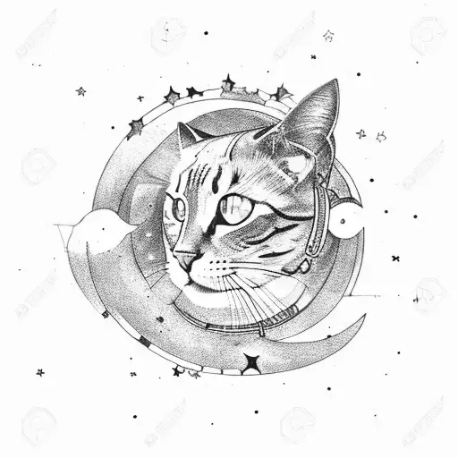 A celestial cat floating among the stars in space tattoo design idea