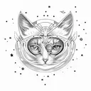 A celestial cat floating among the stars in space tattoo design idea