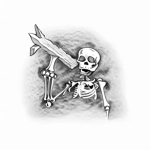 a skeleton with a pickaxe crawls toward a large rock. tattoo design idea