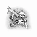 a skeleton with a pickaxe crawls toward a large rock. tattoo design idea
