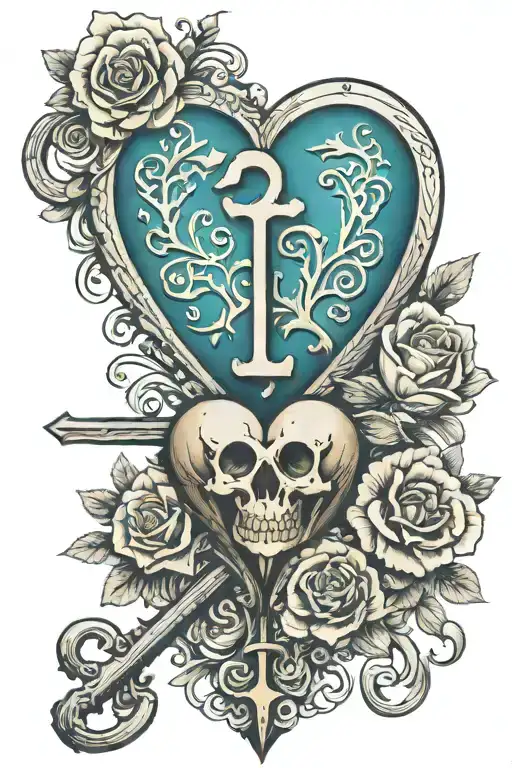 Heart shaped vintage skeleton key with aquarius and libra tattoo design idea