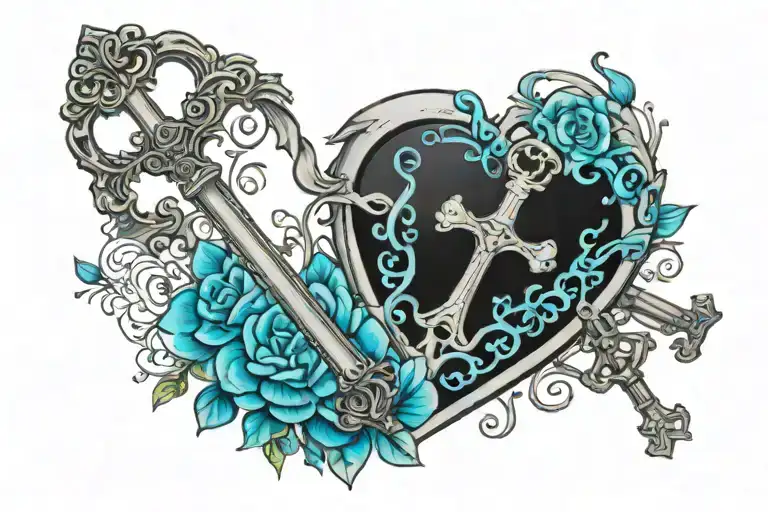 Heart shaped vintage skeleton key with aquarius and libra tattoo design idea