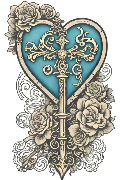 Heart shaped vintage skeleton key with aquarius and libra tattoo design idea