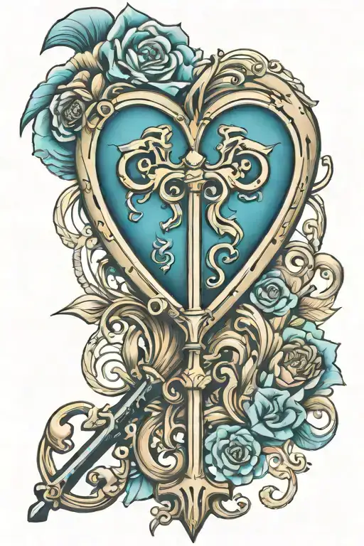 Heart shaped vintage skeleton key with aquarius and libra tattoo design idea