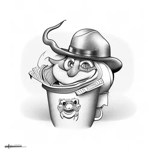 Humorous retirement caricature with black-grey shading tattoo design idea