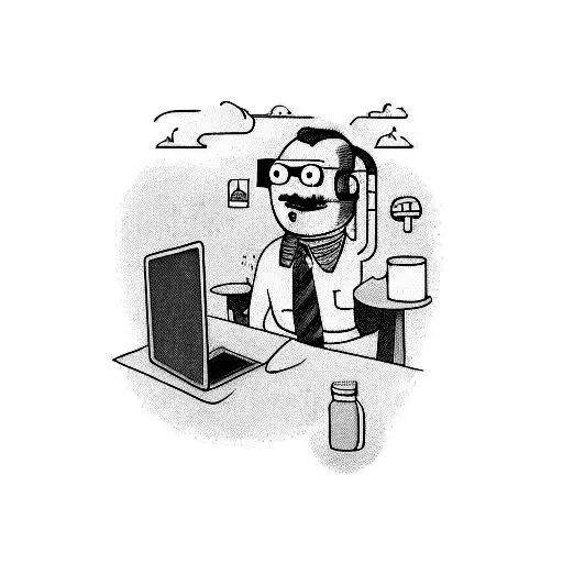 Retirement-themed comedy scene with technology elements tattoo design idea