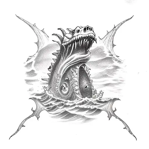 a sea monster destroying and sinking a pirate ship tattoo design idea