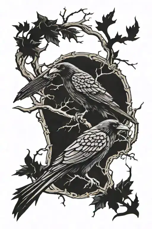 Scandinavian mythology: lower part ravens on branches, after gates of valhalla, upon it Valkery, on the other side Surtr tattoo design idea
