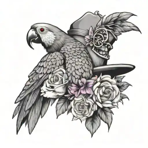  parrot with Australian bush hat , skull with sunglasses, exotic flowers and an hourglass tattoo design idea