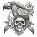 sand hourglass parrot with pirate hat skull with sunglasses exotic flowers memento Moro style tattoo design idea