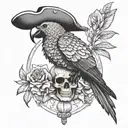 sand hourglass parrot with pirate hat skull with sunglasses exotic flowers memento Moro style tattoo design idea