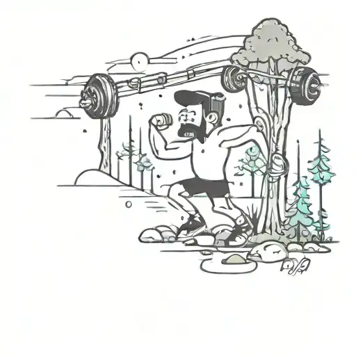 A minimalist tattoo of a cartoon character working out to music in a forest setting tattoo design idea