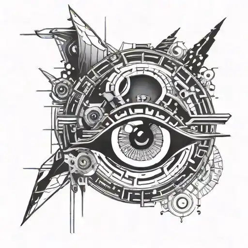 Combine a futuristic cybernetic eye design with elements from Norse mythology tattoo design idea